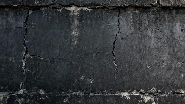 Weathered dark concrete surface displays pronounced vertical and horizontal fissures photo