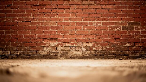 Weathered red brick wall meets a rough concrete floor providing a textured backdrop photo