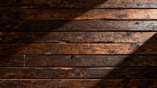 Weathered dark wood planks create a rustic backdrop illuminated by sharp diagonal shadows photo