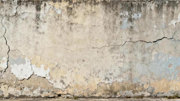 Weathered concrete surface displays significant aging with cracks and peeling plaster photo