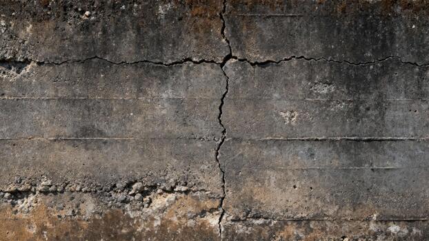 Weathered concrete surface displays prominent vertical and horizontal fracture lines and discoloration photo