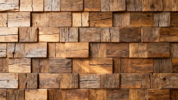 Rustic reclaimed wood blocks form a textured, staggered three dimensional wall covering photo