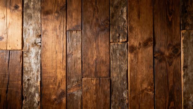 Vertical arrangement of richly colored, aged wooden planks displays distinct grain patterns and varying textures. photo