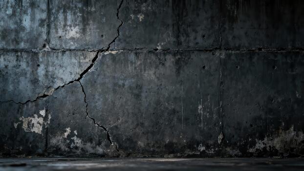 Deep vertical fracture mars the surface of a heavily textured, dark concrete wall photo