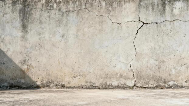 Weathered concrete surface displays significant vertical structural fractures and dark staining photo