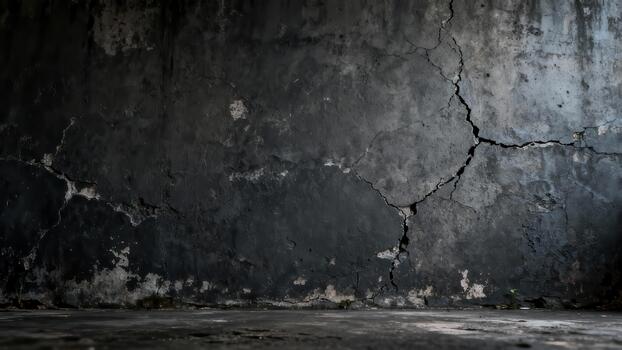 Dark and distressed concrete wall displays significant structural fissures and peeling texture photo