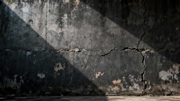 Weathered concrete surface displays deep fissures illuminated by sharp diagonal light. photo