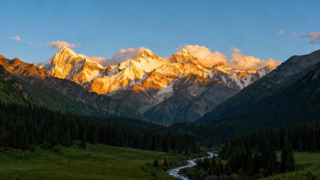 majestuoso nevado picos recibir dorado iluminación desde el ajuste Dom encima un boscoso Valle con un devanado corriente foto