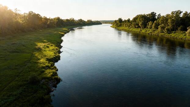 Wide, sunlit expanse of a curving river bordered by lush green banks and dense woodland photo