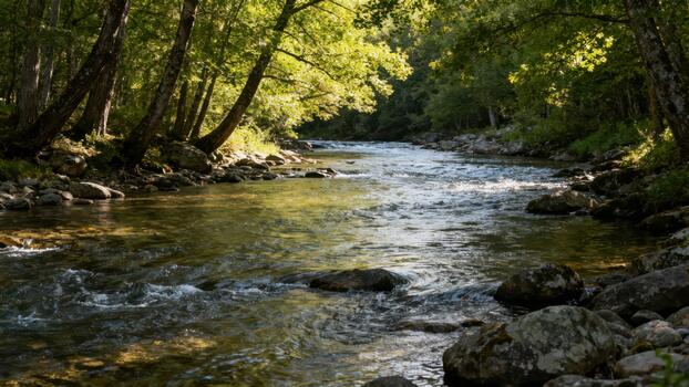 Sunlight streams through dense forest canopy illuminating a flowing rocky river photo