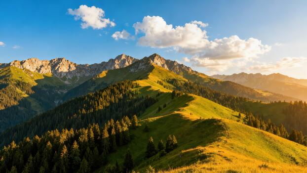 Majestic mountain range illuminated by warm evening sunlight across grassy slopes and dense forests photo