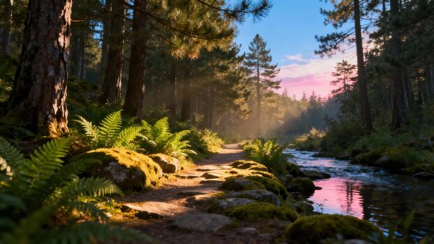 Sunlight streams through tall trees illuminating a forest path beside a flowing stream at dusk photo