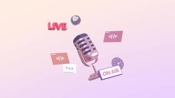 podcast, conversação, entrevista, viver bater papo, discussão, falando em ar conceptual 3d animação. podcast microfone animação. adequado para introdução , negócios, propaganda e social meios de comunicação. video