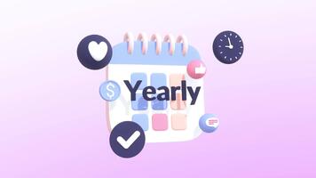 animado calendário com anual texto, relógio, discurso bolha, Verifica marca, moeda e amor ícone. anual inscrição, anual pagamento, anual relatório, anual planejador e anual metas conceitos animação. video