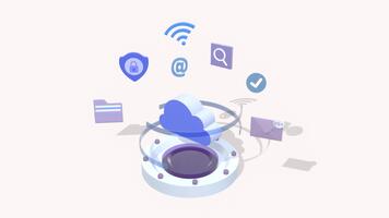 nuvem armazenar, dados transferir, base de dados tecnologia, Internet dados armazenar, base de dados, nuvem conexão tecnologia conceito animação. adequado para tecnologia, Serviços e explicador. video