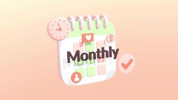 animado calendário com por mês texto, relógio, discurso bolha, Verifica marca, moeda e amor ícone. por mês inscrição, por mês cobrança, anual relatório, mês planejador e mês relatório conceitos animação. video