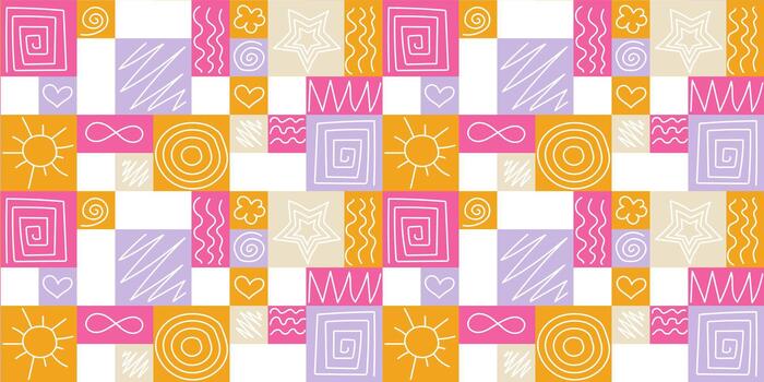 doodle geometric pattern of multicolored squares, tiles with different doodle pattern vector