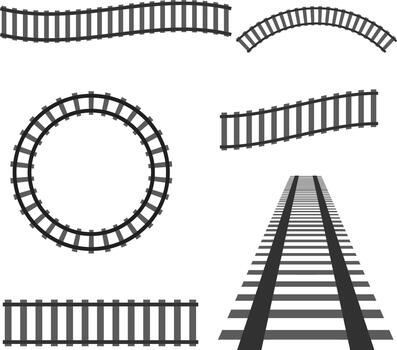 Railroad Track Segments Set - Train Rail Lines in Various Shapes and Perspective Views vector