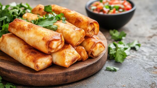 Chicken and cheese spring rolls on a wooden board photo