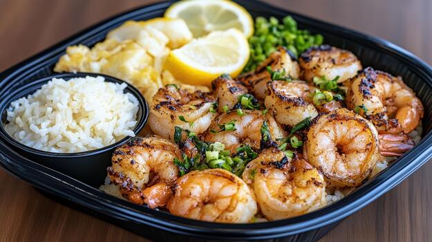 A black plastic container with shrimp, rice and lemon photo