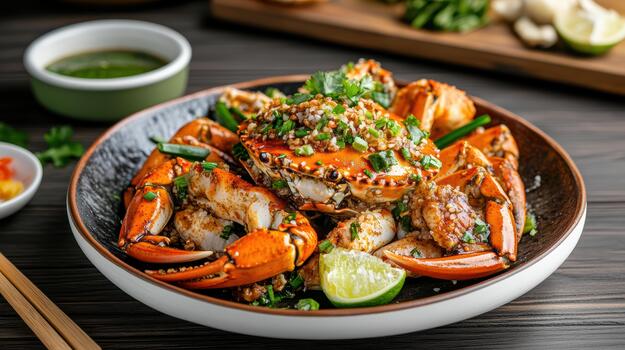 A plate of crab legs with sauce and chopsticks photo