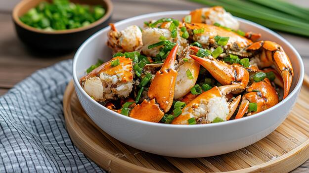 A bowl of crabs on a wooden table photo