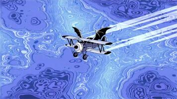 en beställnings- retro biplan svävar genom en virvlande, abstrakt blå dimensionera. animerad rörelse grafisk video