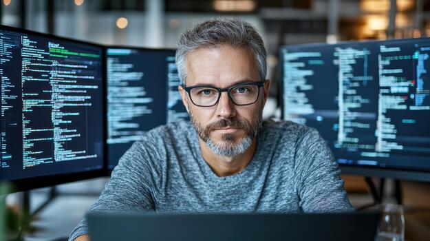 A man in glasses sitting in front of three computer screens photo