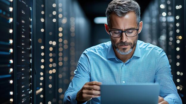 A man in glasses is looking at a tablet computer photo