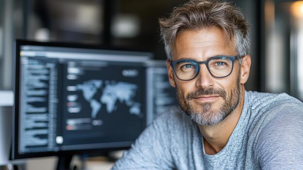 A man with glasses and a grey shirt is sitting in front of a computer screen photo