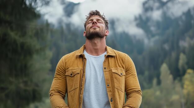 A man standing in front of a mountain with his eyes closed photo