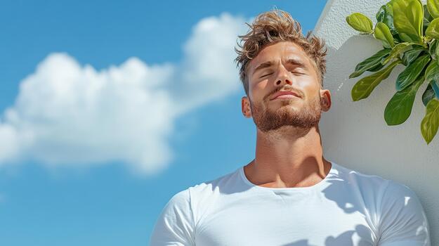 A man is standing in front of a plant photo