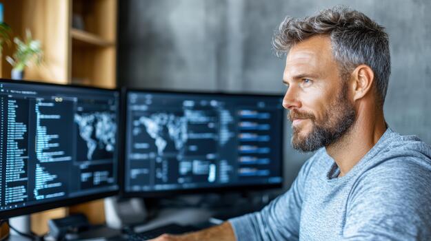 A man sitting at a desk with two computer monitors photo