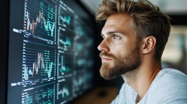 A man looking at a computer screen with stock market graphs photo