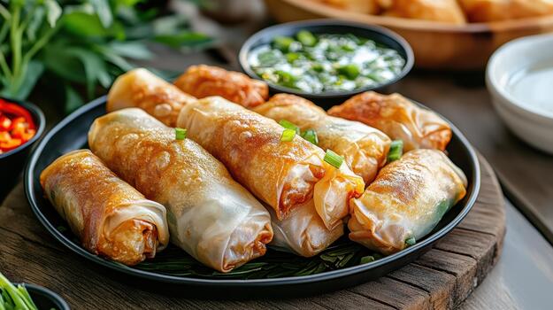 A plate of spring rolls with vegetables and sauce photo