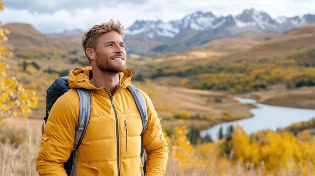 A man in a yellow jacket standing in front of a mountain lake photo