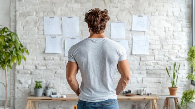 A man standing in front of a white wall with a white board on it photo