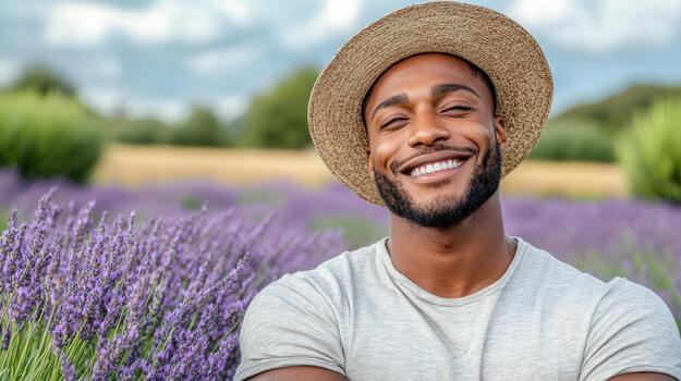A smiling man in a hat is in a lavender field photo