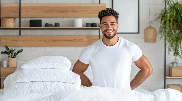 A man standing in front of a bed with pillows photo