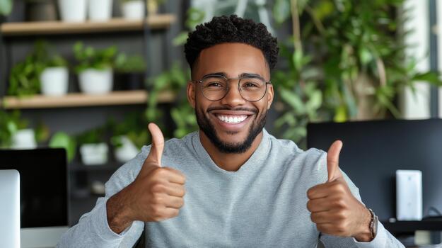 A smiling man with glasses and a thumbs up photo