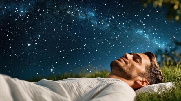A man lying on the grass with his eyes closed and looking up at the sky photo