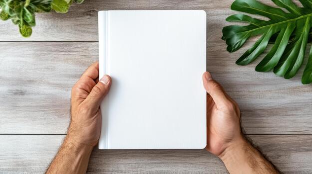 Man's hands holding blank white notebook with palm leaves on wooden table photo