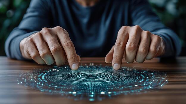 Hands on a table with a futuristic interface photo