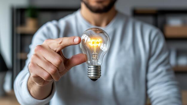 un hombre participación arriba un ligero bulbo con un brillante ligero bulbo foto