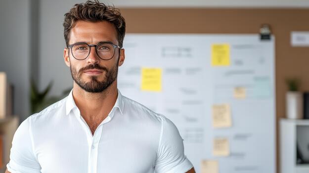 A man with glasses and a white shirt is standing in front of a whiteboard photo