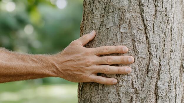 A man's hand touching a tree trunk photo