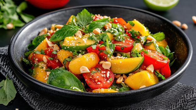A bowl of salad with tomatoes, cucumbers and pine nuts photo
