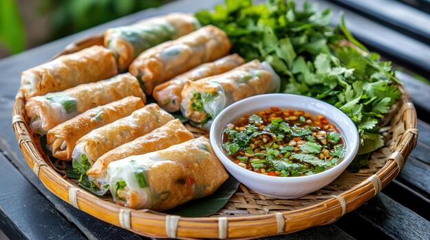 A basket with spring rolls and a bowl of sauce photo