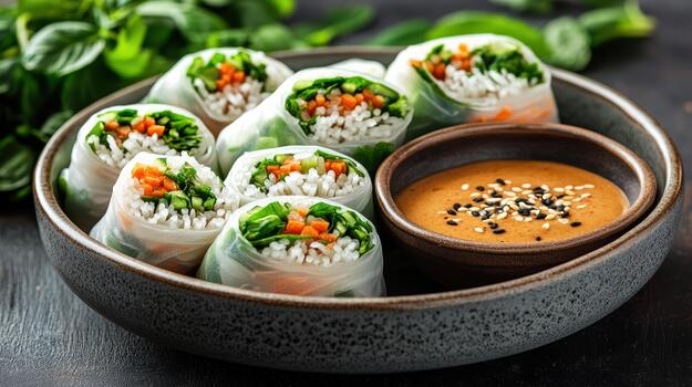 Asian spring rolls with dipping sauce in a bowl photo