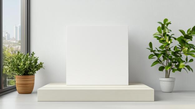 A blank white square on a table in front of a window photo